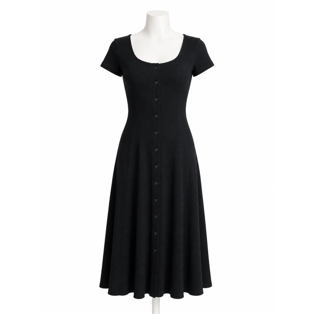 Universal Thread NWT Black Ribbed Midi Dress XS Fit & Flare Scoop Neck Cotton